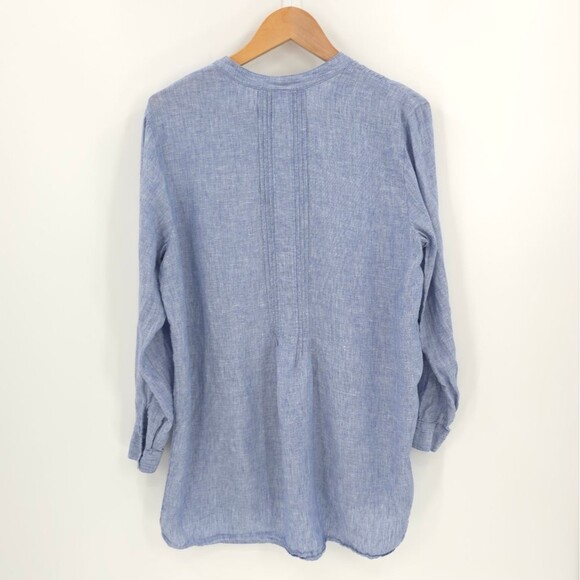 J.Jill 100% Linen Pintuck Tunic Top Button Front Roll-Tab Sleeve Blue Love Linen - Picture 3 of 15